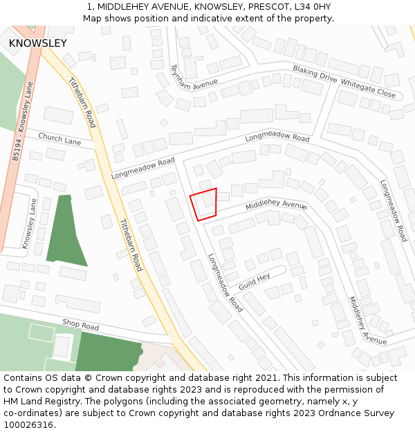 1, MIDDLEHEY AVENUE, KNOWSLEY, PRESCOT, L34 0HY: Location map and indicative extent of plot