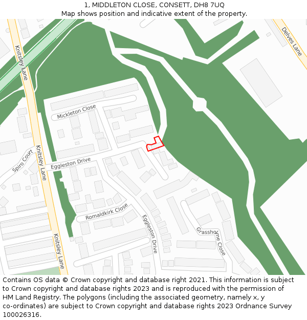 1, MIDDLETON CLOSE, CONSETT, DH8 7UQ: Location map and indicative extent of plot