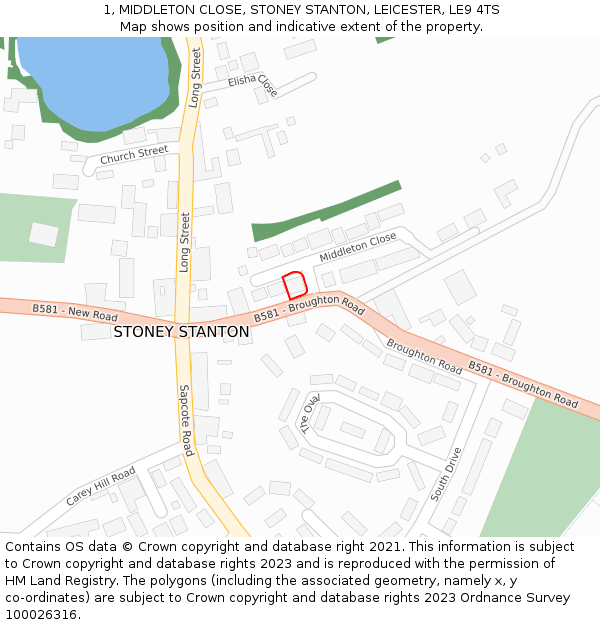 1, MIDDLETON CLOSE, STONEY STANTON, LEICESTER, LE9 4TS: Location map and indicative extent of plot