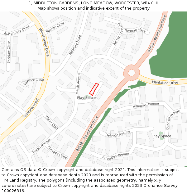 1, MIDDLETON GARDENS, LONG MEADOW, WORCESTER, WR4 0HL: Location map and indicative extent of plot