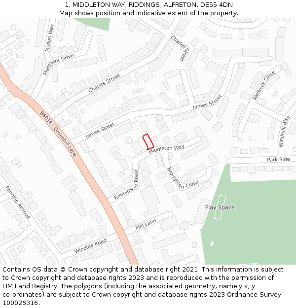 1, MIDDLETON WAY, RIDDINGS, ALFRETON, DE55 4DN: Location map and indicative extent of plot