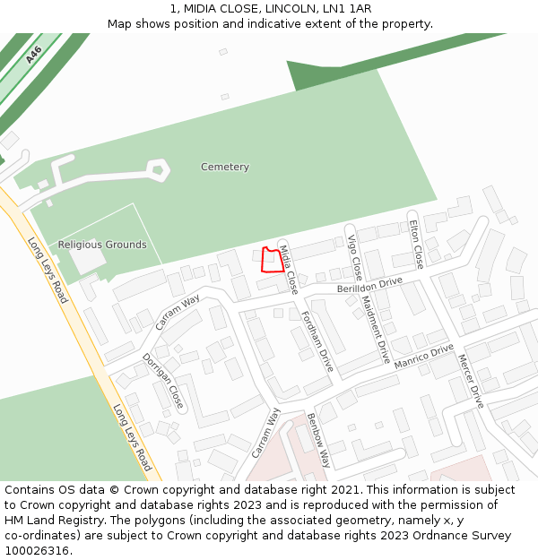 1, MIDIA CLOSE, LINCOLN, LN1 1AR: Location map and indicative extent of plot