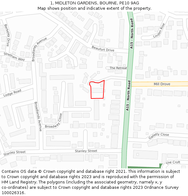 1, MIDLETON GARDENS, BOURNE, PE10 9AG: Location map and indicative extent of plot