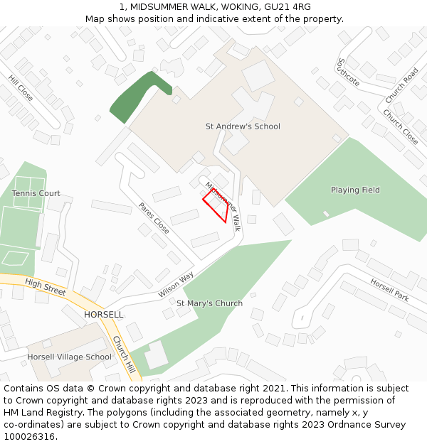 1, MIDSUMMER WALK, WOKING, GU21 4RG: Location map and indicative extent of plot