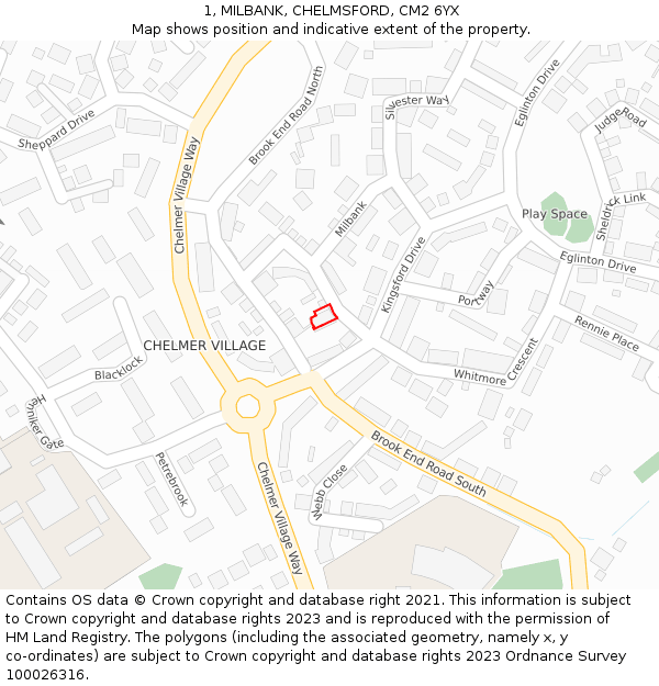 1, MILBANK, CHELMSFORD, CM2 6YX: Location map and indicative extent of plot