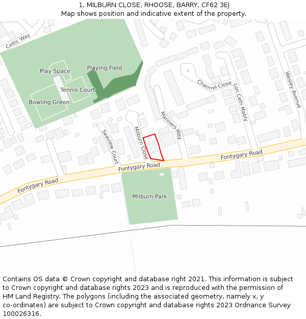 1, MILBURN CLOSE, RHOOSE, BARRY, CF62 3EJ: Location map and indicative extent of plot