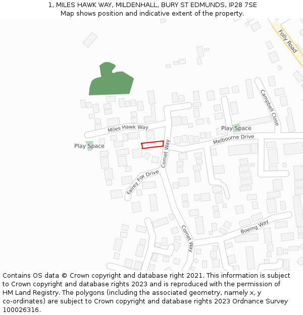 1, MILES HAWK WAY, MILDENHALL, BURY ST EDMUNDS, IP28 7SE: Location map and indicative extent of plot