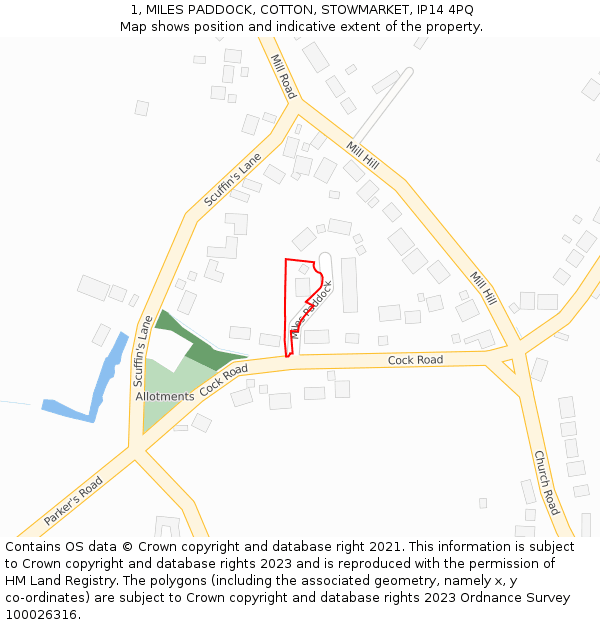 1, MILES PADDOCK, COTTON, STOWMARKET, IP14 4PQ: Location map and indicative extent of plot