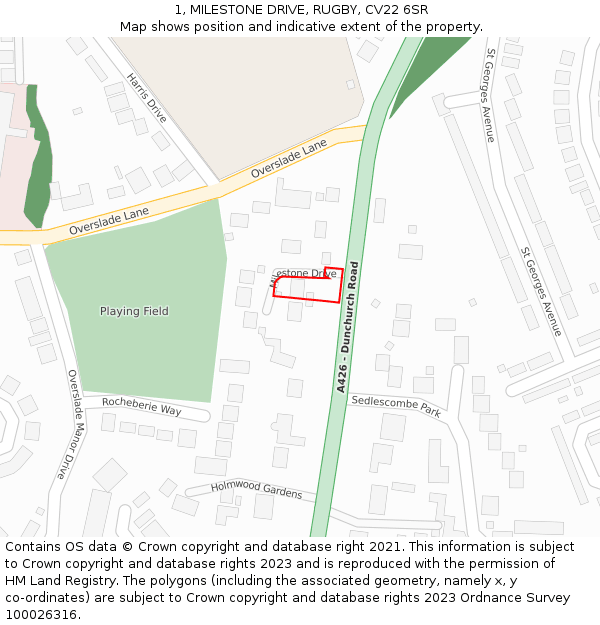 1, MILESTONE DRIVE, RUGBY, CV22 6SR: Location map and indicative extent of plot