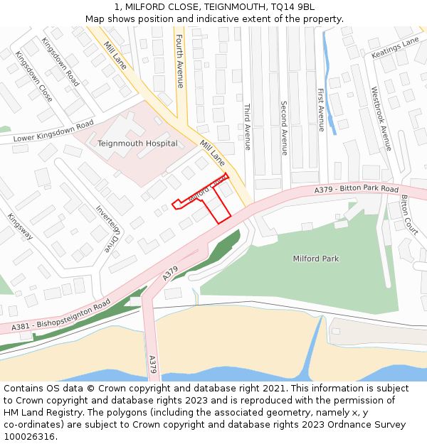 1, MILFORD CLOSE, TEIGNMOUTH, TQ14 9BL: Location map and indicative extent of plot