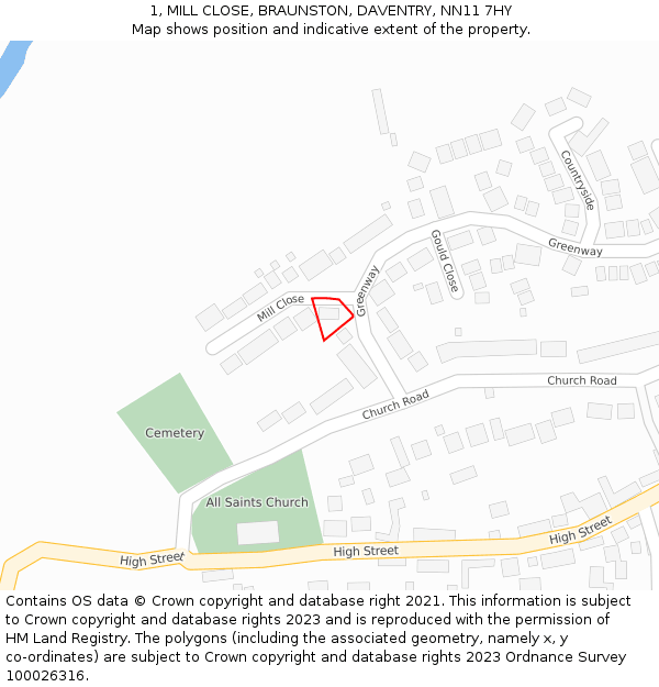 1, MILL CLOSE, BRAUNSTON, DAVENTRY, NN11 7HY: Location map and indicative extent of plot