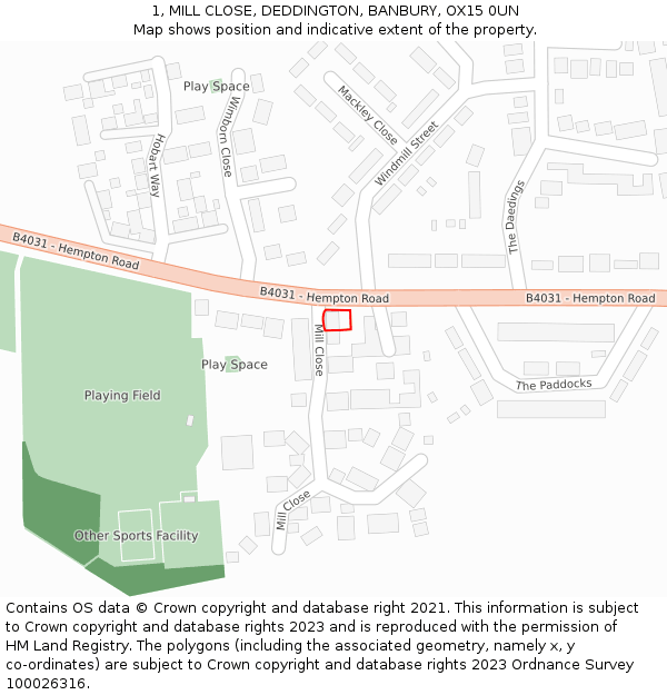 1, MILL CLOSE, DEDDINGTON, BANBURY, OX15 0UN: Location map and indicative extent of plot