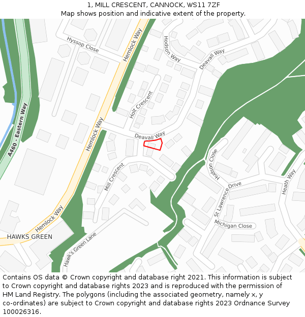 1, MILL CRESCENT, CANNOCK, WS11 7ZF: Location map and indicative extent of plot