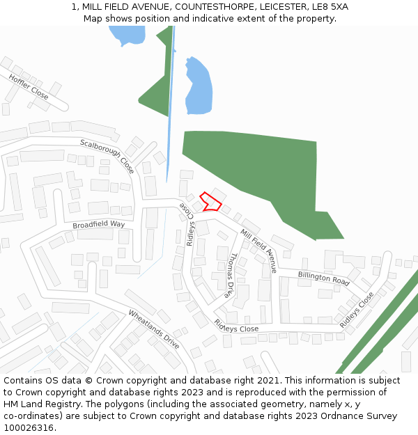 1, MILL FIELD AVENUE, COUNTESTHORPE, LEICESTER, LE8 5XA: Location map and indicative extent of plot