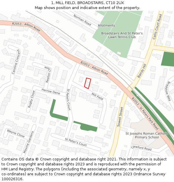 1, MILL FIELD, BROADSTAIRS, CT10 2UX: Location map and indicative extent of plot