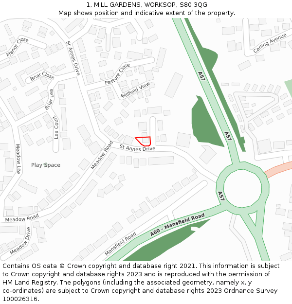 1, MILL GARDENS, WORKSOP, S80 3QG: Location map and indicative extent of plot