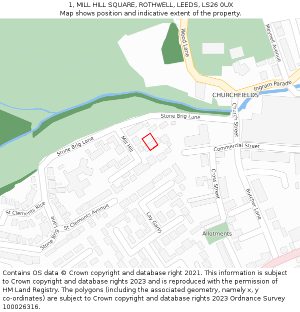 1, MILL HILL SQUARE, ROTHWELL, LEEDS, LS26 0UX: Location map and indicative extent of plot