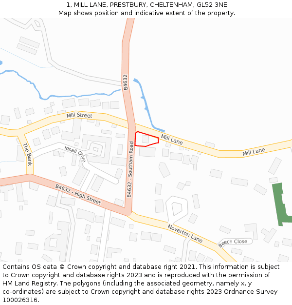 1, MILL LANE, PRESTBURY, CHELTENHAM, GL52 3NE: Location map and indicative extent of plot