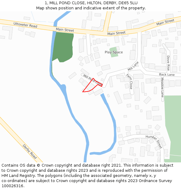 1, MILL POND CLOSE, HILTON, DERBY, DE65 5LU: Location map and indicative extent of plot