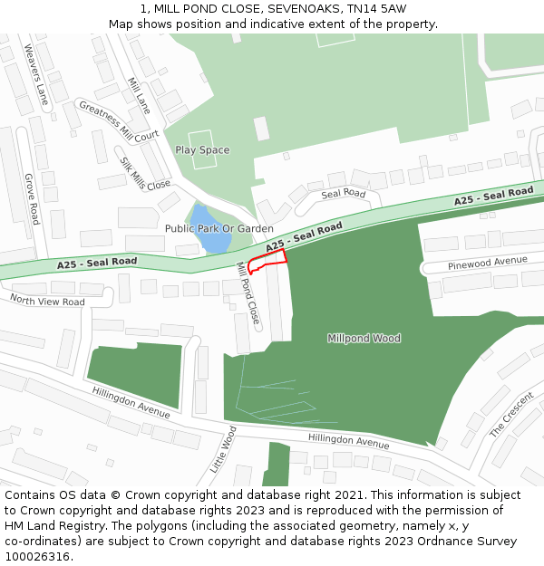 1, MILL POND CLOSE, SEVENOAKS, TN14 5AW: Location map and indicative extent of plot