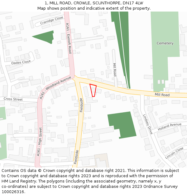 1, MILL ROAD, CROWLE, SCUNTHORPE, DN17 4LW: Location map and indicative extent of plot