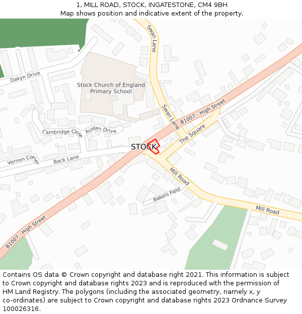 1, MILL ROAD, STOCK, INGATESTONE, CM4 9BH: Location map and indicative extent of plot