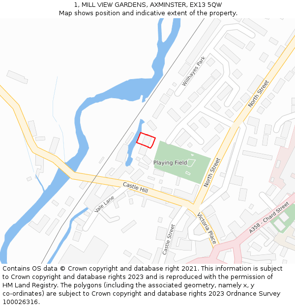 1, MILL VIEW GARDENS, AXMINSTER, EX13 5QW: Location map and indicative extent of plot