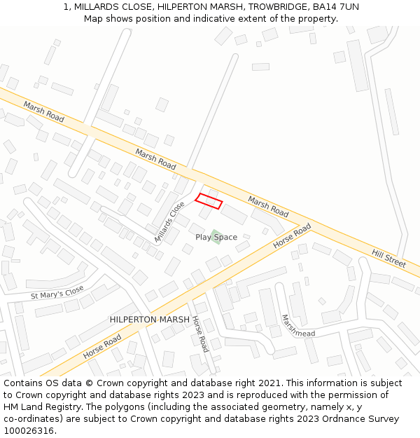 1, MILLARDS CLOSE, HILPERTON MARSH, TROWBRIDGE, BA14 7UN: Location map and indicative extent of plot