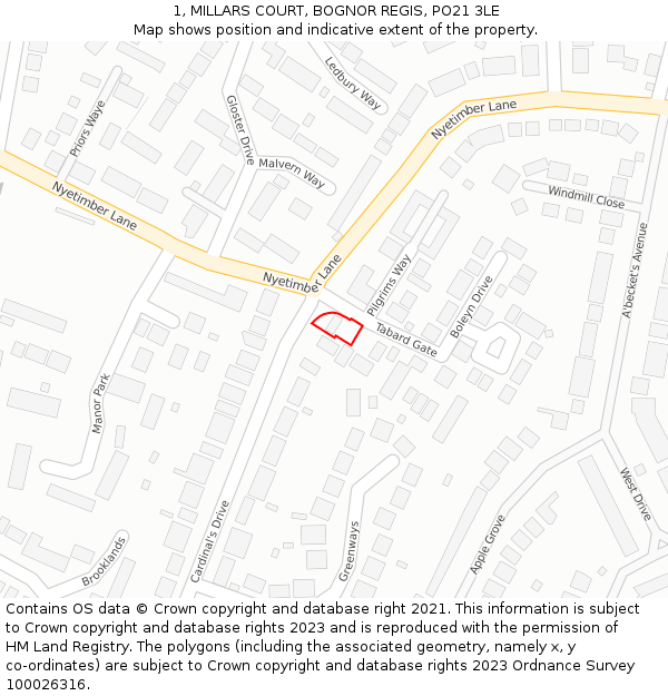 1, MILLARS COURT, BOGNOR REGIS, PO21 3LE: Location map and indicative extent of plot