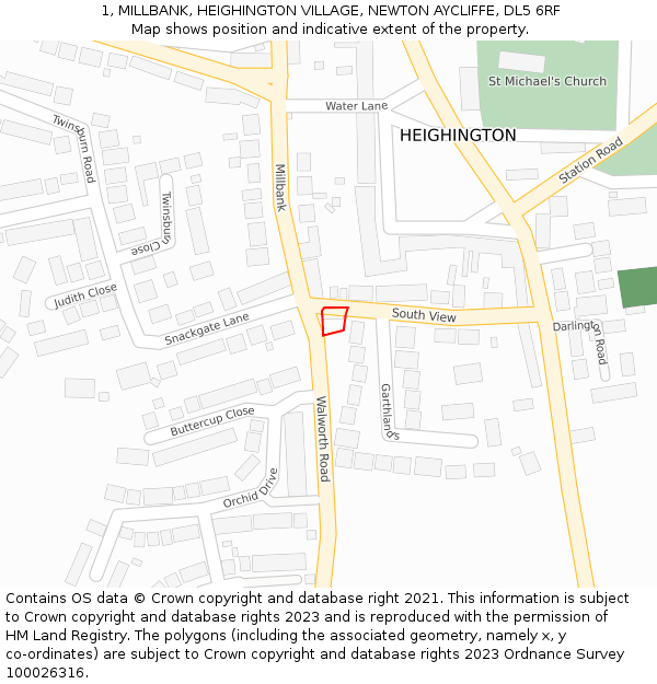 1, MILLBANK, HEIGHINGTON VILLAGE, NEWTON AYCLIFFE, DL5 6RF: Location map and indicative extent of plot