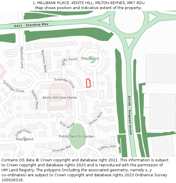 1, MILLBANK PLACE, KENTS HILL, MILTON KEYNES, MK7 6DU: Location map and indicative extent of plot