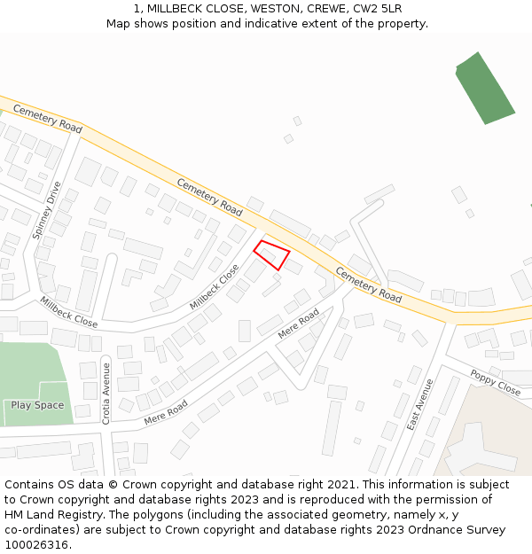 1, MILLBECK CLOSE, WESTON, CREWE, CW2 5LR: Location map and indicative extent of plot