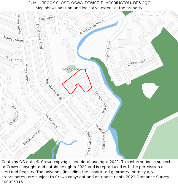 1, MILLBROOK CLOSE, OSWALDTWISTLE, ACCRINGTON, BB5 3QG: Location map and indicative extent of plot