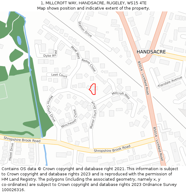 1, MILLCROFT WAY, HANDSACRE, RUGELEY, WS15 4TE: Location map and indicative extent of plot