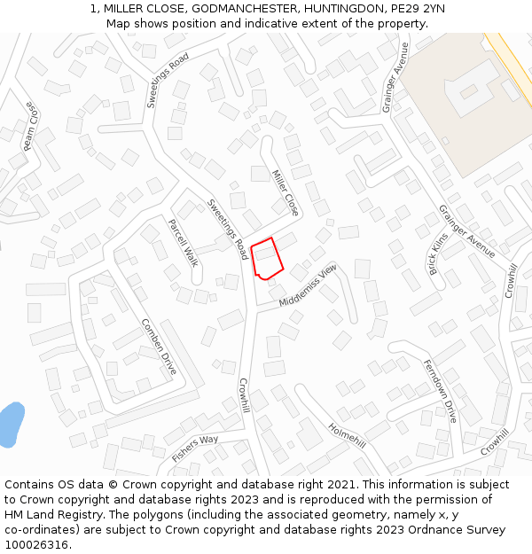 1, MILLER CLOSE, GODMANCHESTER, HUNTINGDON, PE29 2YN: Location map and indicative extent of plot