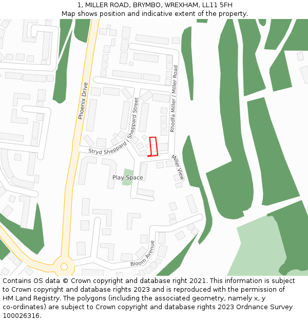 1, MILLER ROAD, BRYMBO, WREXHAM, LL11 5FH: Location map and indicative extent of plot