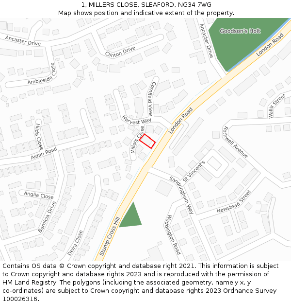 1, MILLERS CLOSE, SLEAFORD, NG34 7WG: Location map and indicative extent of plot