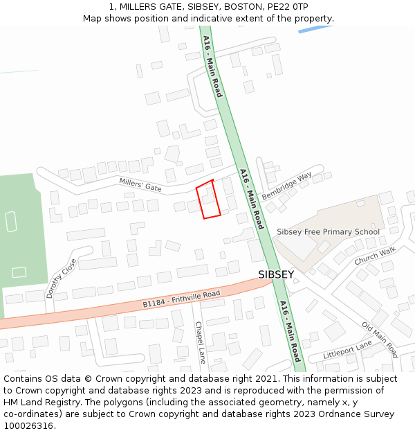 1, MILLERS GATE, SIBSEY, BOSTON, PE22 0TP: Location map and indicative extent of plot