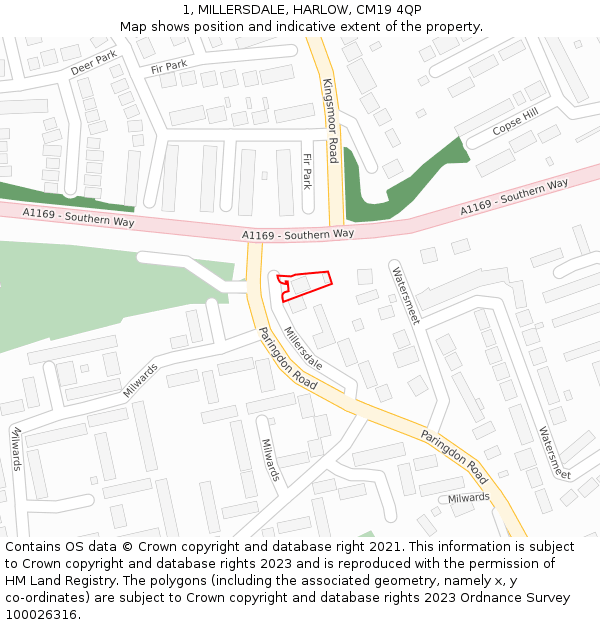 1, MILLERSDALE, HARLOW, CM19 4QP: Location map and indicative extent of plot