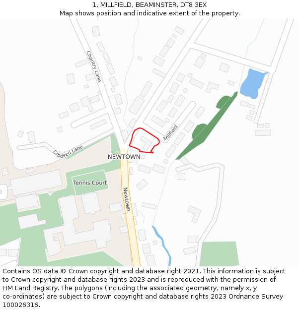 1, MILLFIELD, BEAMINSTER, DT8 3EX: Location map and indicative extent of plot