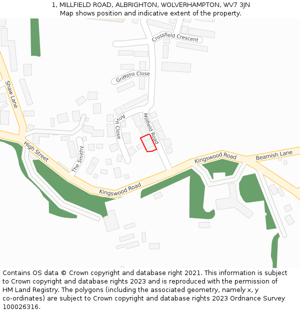 1, MILLFIELD ROAD, ALBRIGHTON, WOLVERHAMPTON, WV7 3JN: Location map and indicative extent of plot