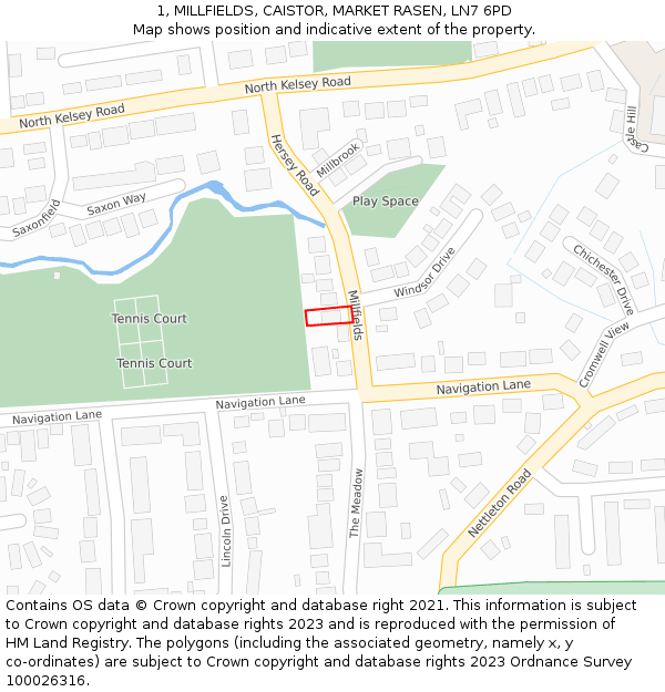 1, MILLFIELDS, CAISTOR, MARKET RASEN, LN7 6PD: Location map and indicative extent of plot