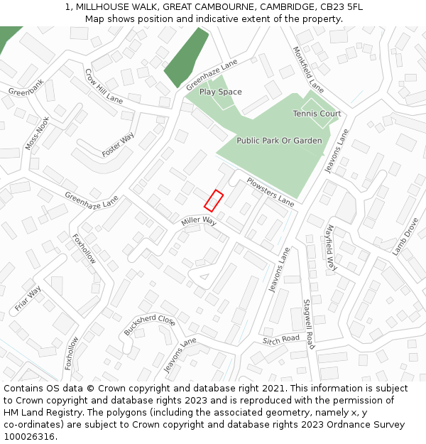 1, MILLHOUSE WALK, GREAT CAMBOURNE, CAMBRIDGE, CB23 5FL: Location map and indicative extent of plot