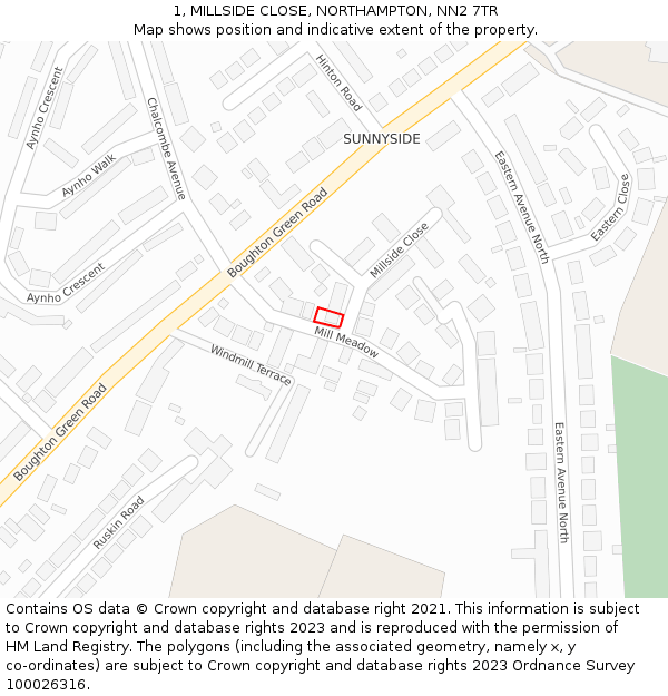 1, MILLSIDE CLOSE, NORTHAMPTON, NN2 7TR: Location map and indicative extent of plot