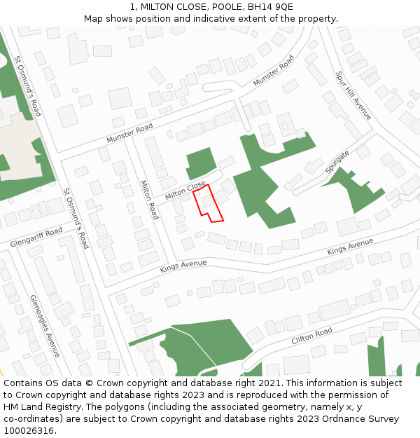 1, MILTON CLOSE, POOLE, BH14 9QE: Location map and indicative extent of plot