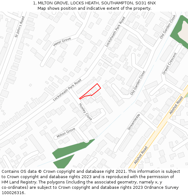 1, MILTON GROVE, LOCKS HEATH, SOUTHAMPTON, SO31 6NX: Location map and indicative extent of plot