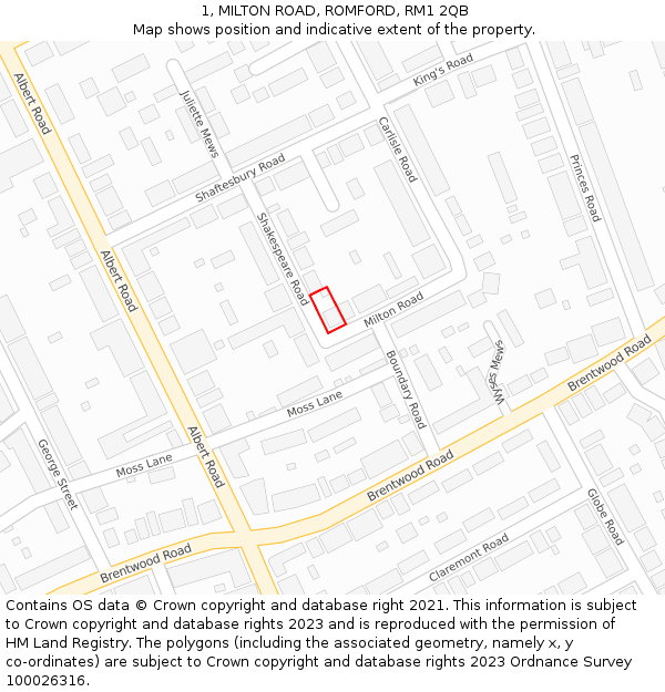 1, MILTON ROAD, ROMFORD, RM1 2QB: Location map and indicative extent of plot