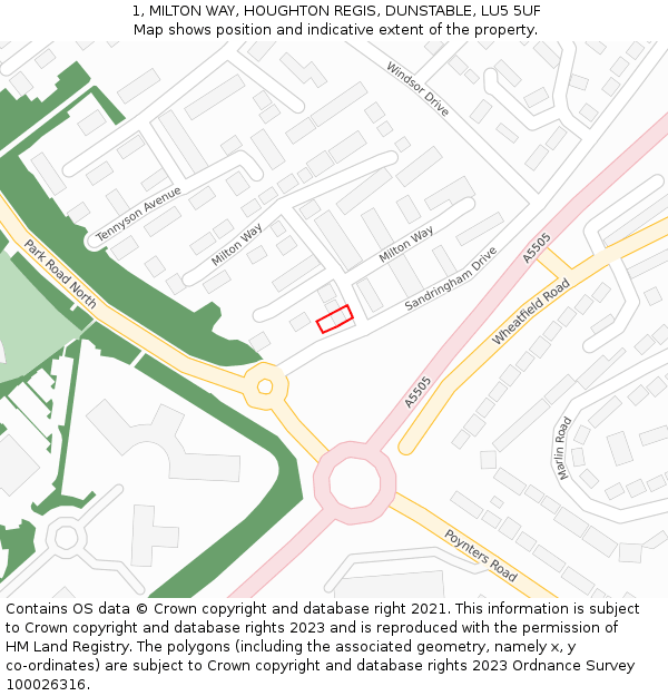 1, MILTON WAY, HOUGHTON REGIS, DUNSTABLE, LU5 5UF: Location map and indicative extent of plot