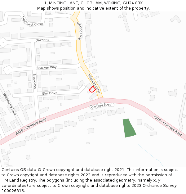 1, MINCING LANE, CHOBHAM, WOKING, GU24 8RX: Location map and indicative extent of plot