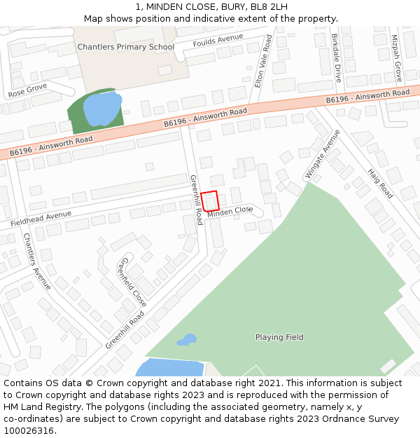 1, MINDEN CLOSE, BURY, BL8 2LH: Location map and indicative extent of plot